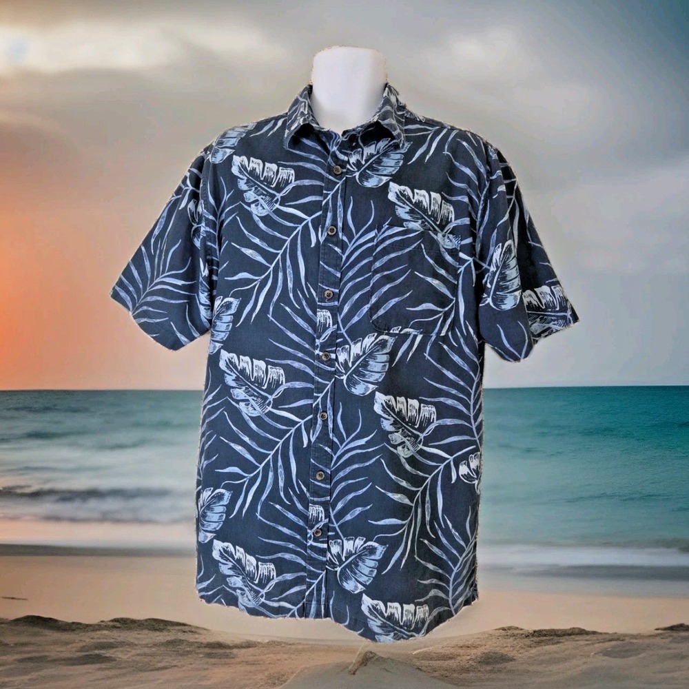 Croft & Barrow Hawaiian Shirt LT Blue Tropical‎ Print Linen Blend Resort Wear